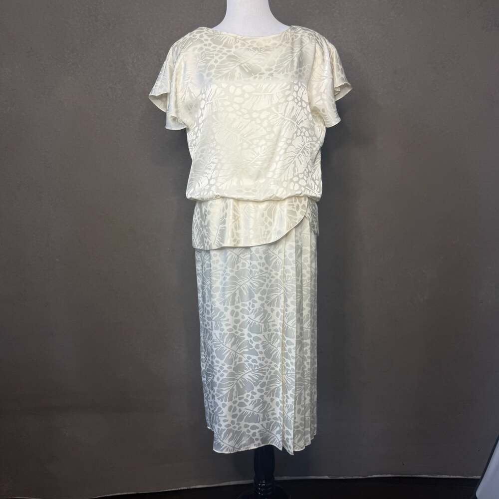 Virgo II Vintage Cream Floral Jacquard Dress Size 12 1980s Button Back